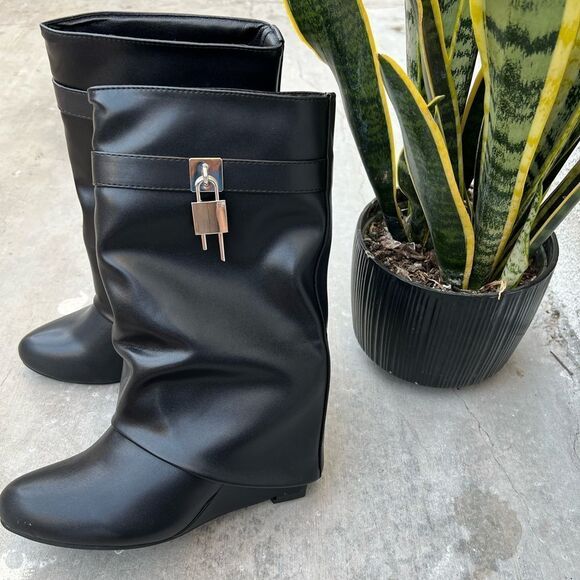 BLACK WEDGE BOOTIE WITH OVERLAP SKIRT WITH GOLD LOCKET CHARM - Picture 2 of 7